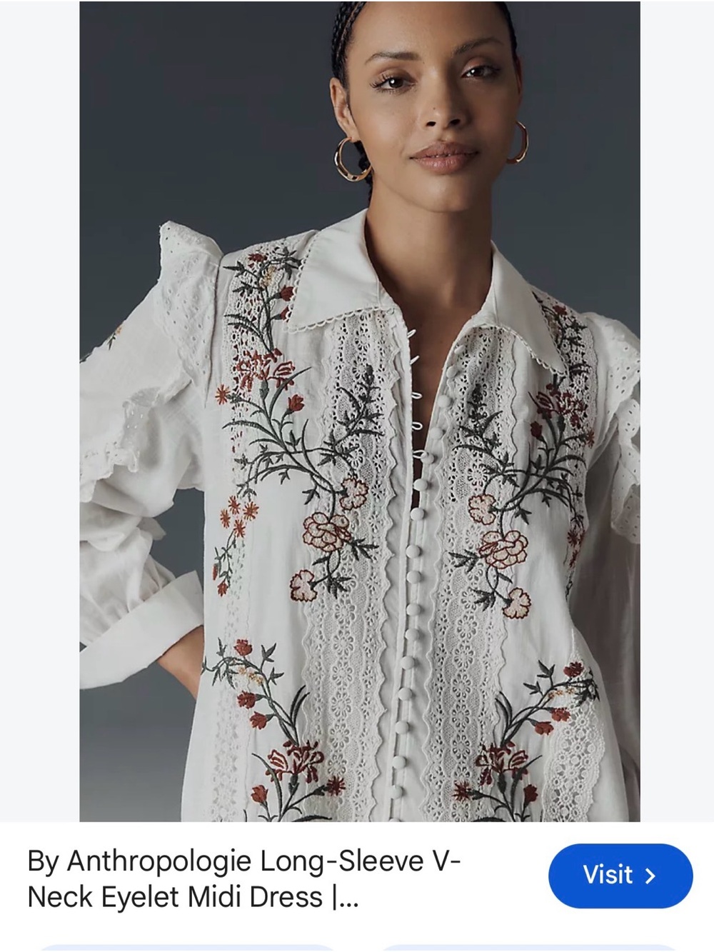 Anthropologie White Eyelet Button-Front Blouse with Floral Embroidery